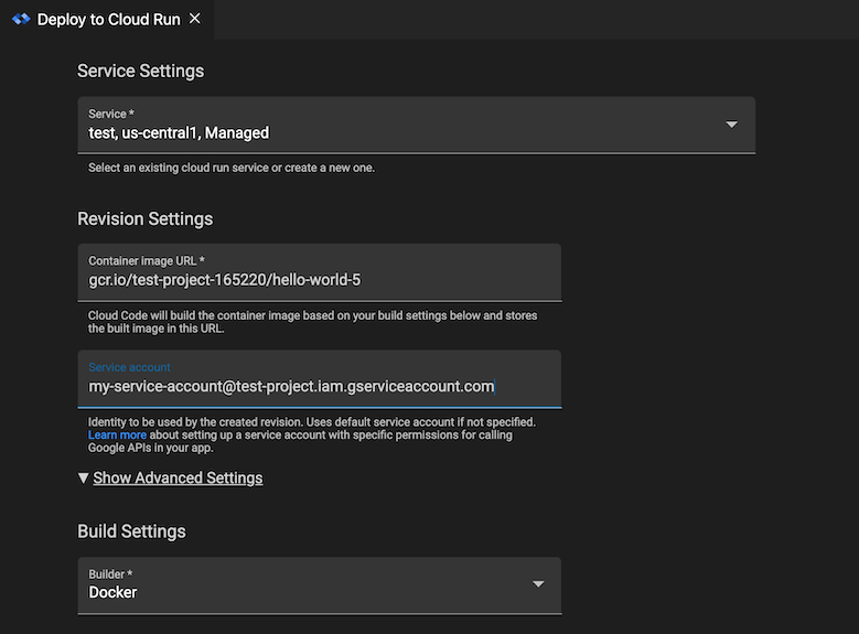 Cloud Run で展開された詳細なリビジョン設定セクション: service-account-name@project-name.s3ns-system.iam.gserviceaccount.comという形式のサービス アカウント名が入力されている [Deploy and Service Account] フィールド