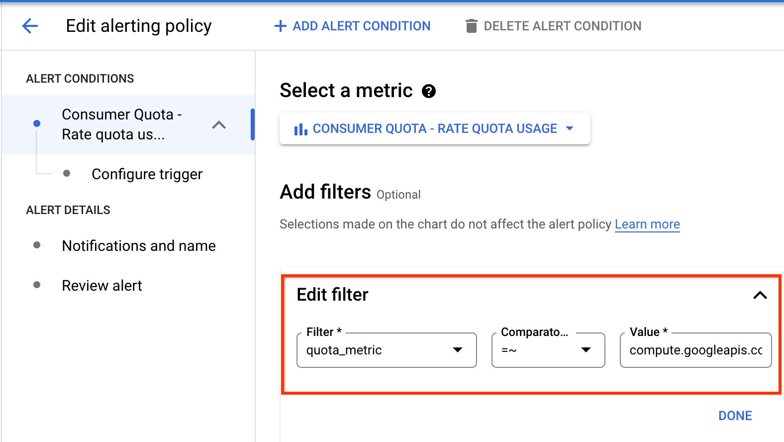 Modifiez l&#39;alerte pour utiliser une métrique régionale.