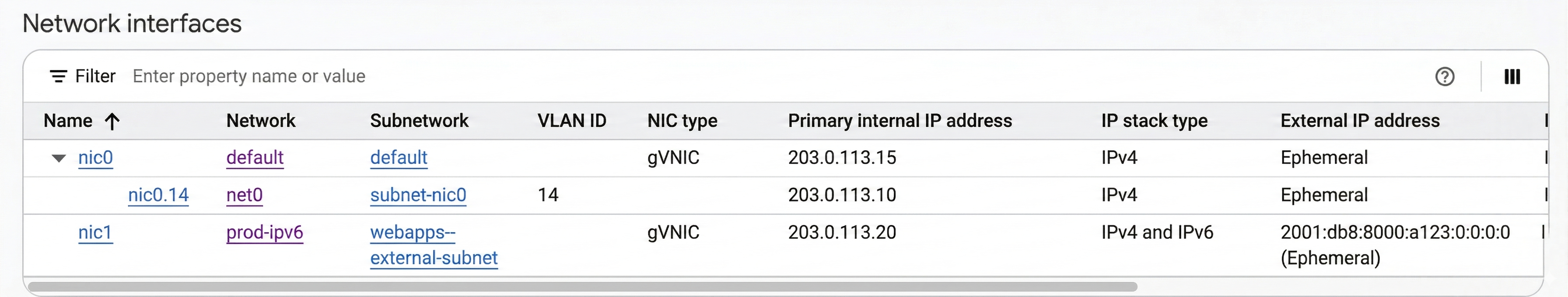 הקטע Network interfaces (ממשקי רשת) בדף הפרטים של המכונה הווירטואלית.