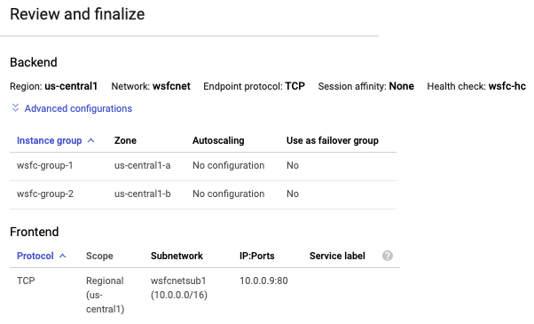  La consola deCloud de Confiance muestra la configuración final para el balanceo de cargas interno.
