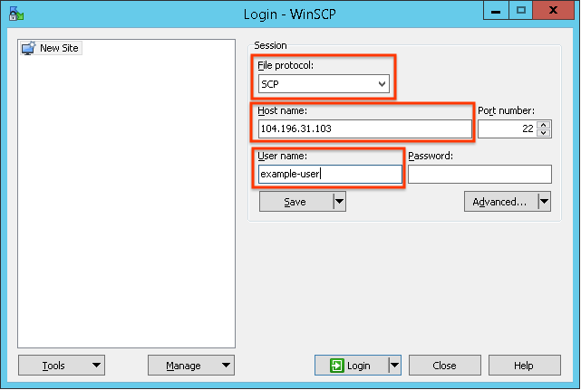 Se define el protocolo de archivo como SCP, el nombre de host como 104.196.31.103 y el nombre de usuario como example-user.