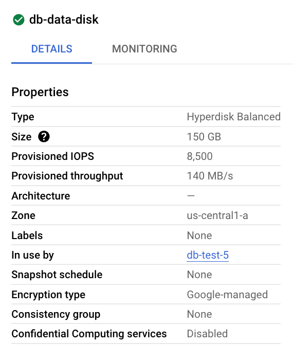 Captura de ecrã das propriedades configuradas para um disco Hyperdisk Balanced
