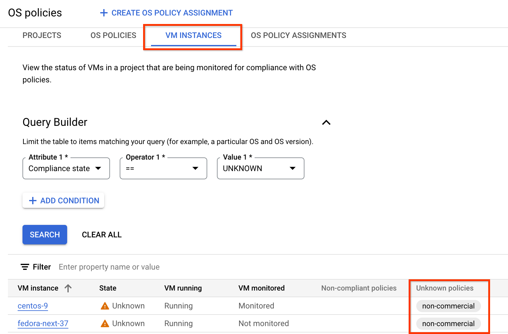 Scheda Istanze VM con policy del sistema operativo sconosciute.
