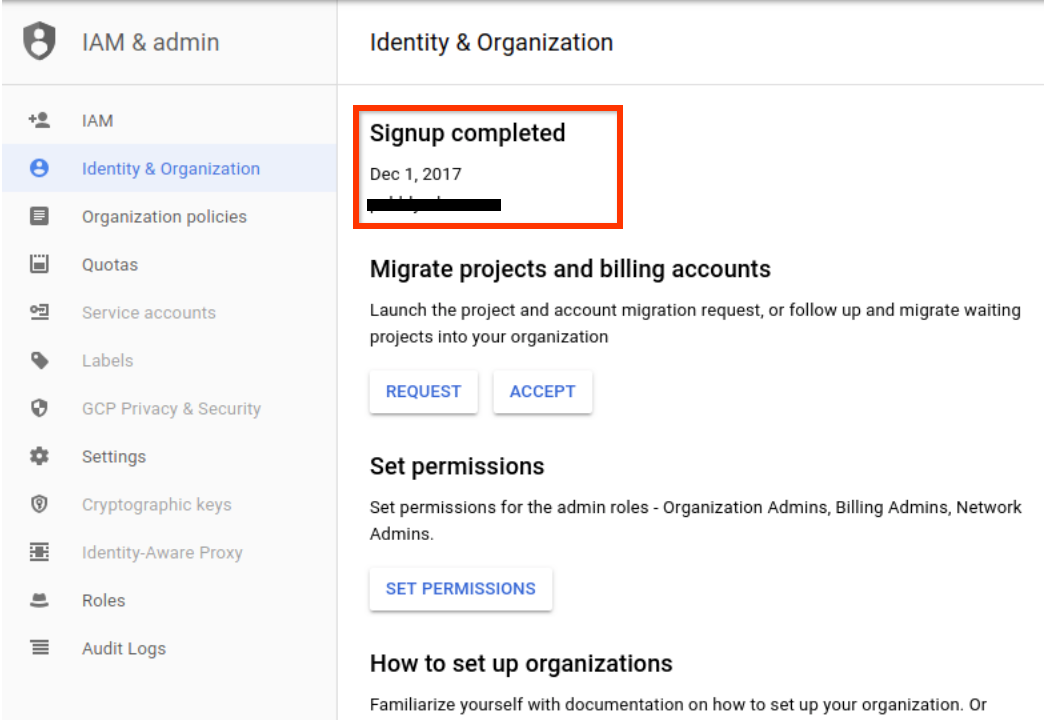 Screenshot halaman konsol Identitas & Organisasi yang menampilkan tanggal Pendaftaran selesai.