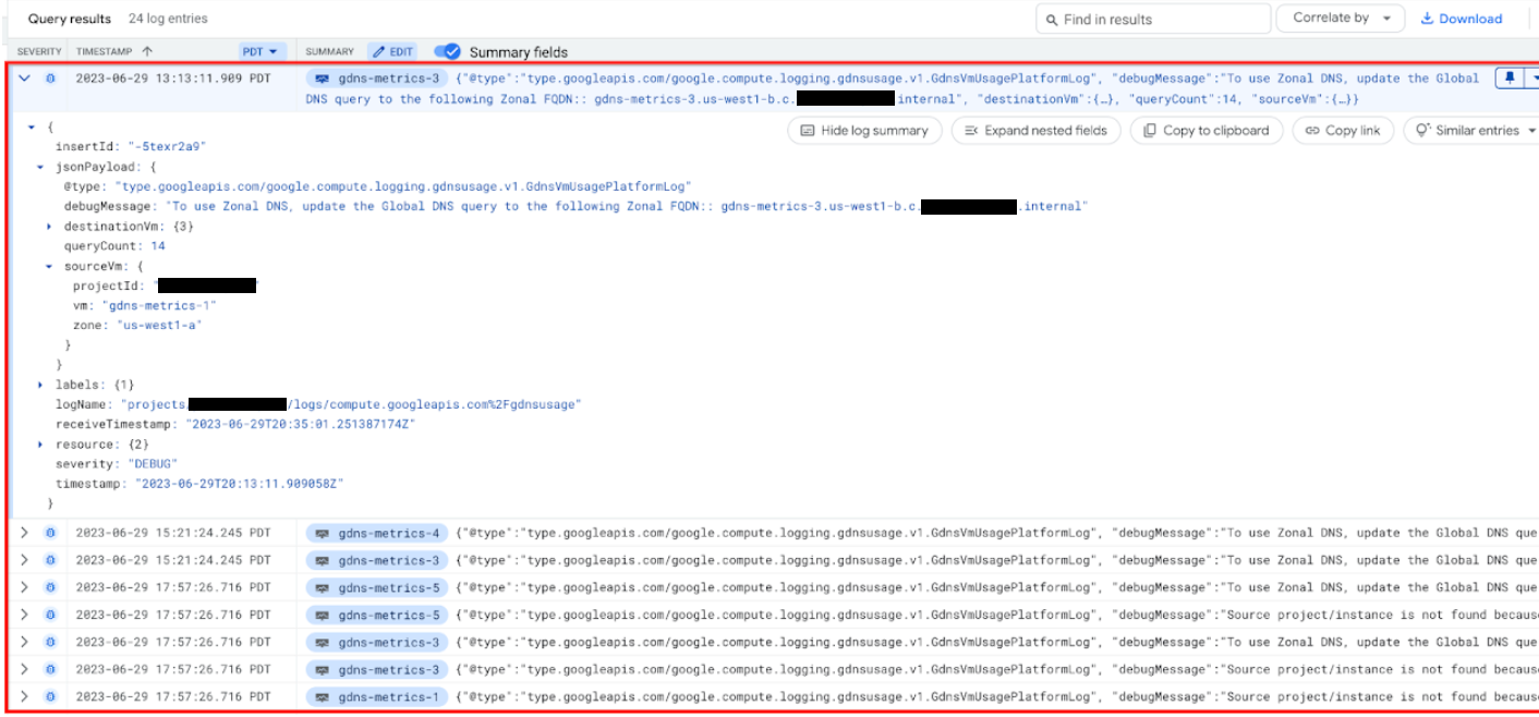 螢幕截圖：gdnsusage 記錄查詢結果中的 jsonPayload。