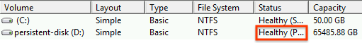 בודקים את רשימת הדיסקים שמזוהים על ידי Windows ומוודאים שהסטטוס של המופע הוא Online (במצב פעיל) ו-Healthy (תקין).