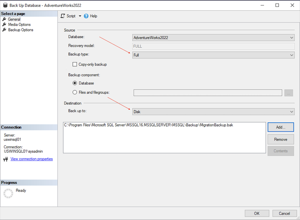SQL database backup options.
