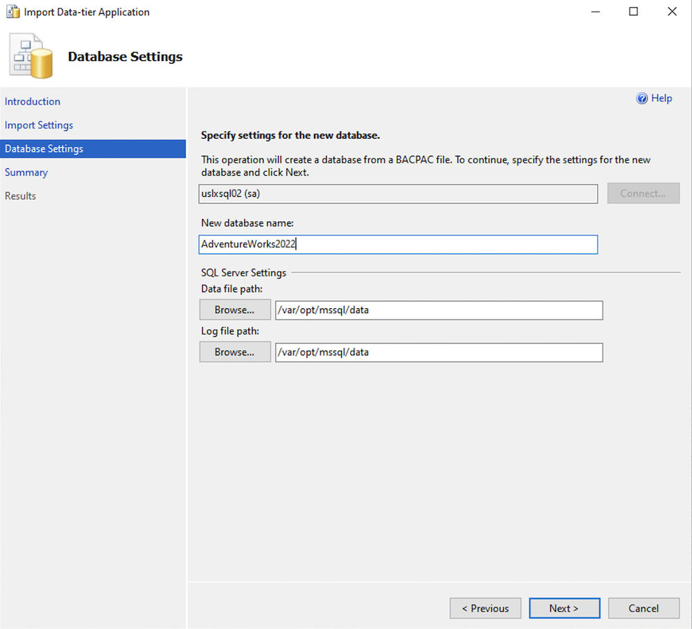 Importa la configuración del archivo .bacpac.