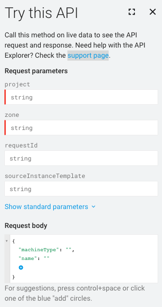 「Try this API」視窗，顯示「Request body」欄位，說明要將驗證要求貼到何處。