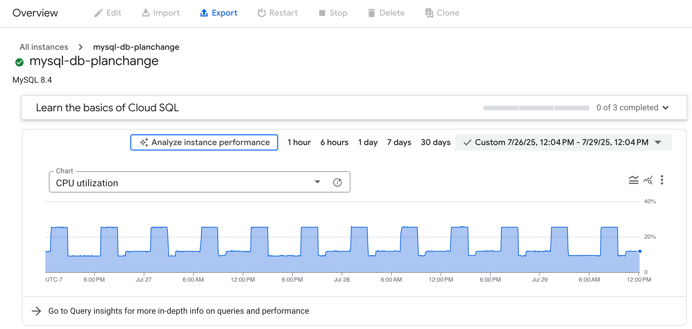 Database performance chart on the Overview page that shows CPU utilization
    over a 24 hour time period and an option to analyze instance performance.