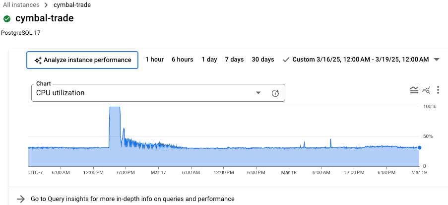 概要ページのデータベース パフォーマンス グラフ。24 時間の CPU 使用率とインスタンス パフォーマンスを分析するオプションが表示されます。
