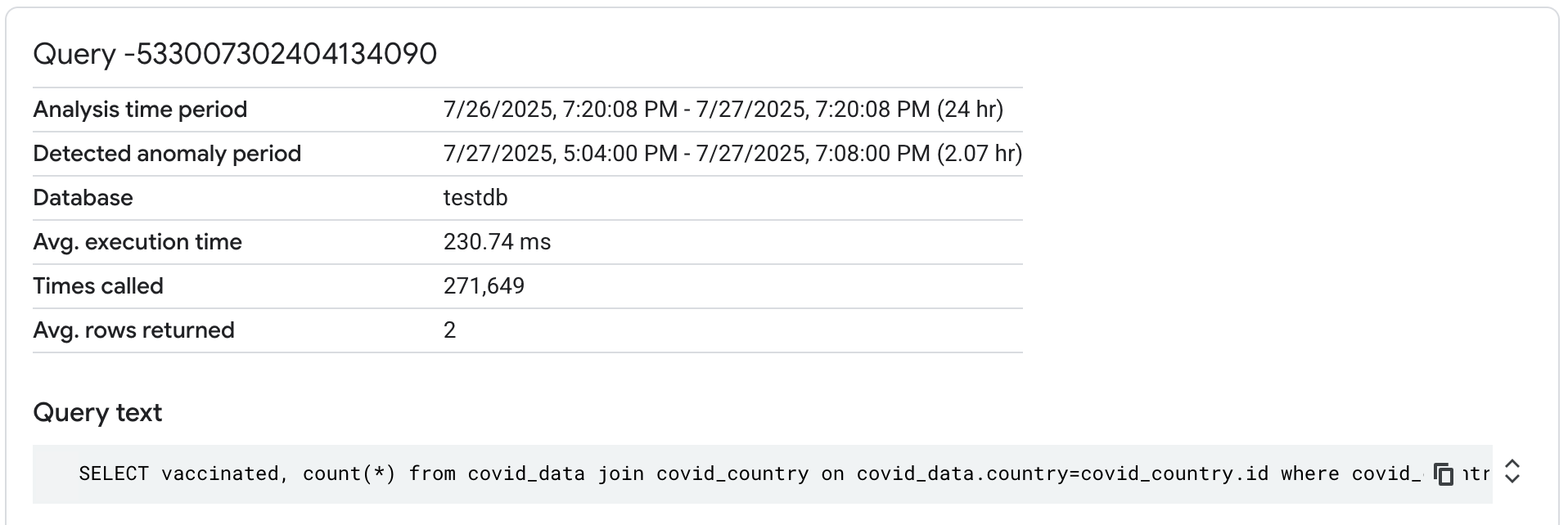 Schermata delle informazioni sull&#39;analisi delle query
