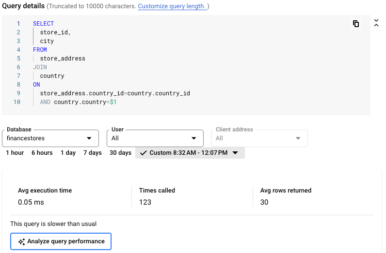 Query details screen with a slow query message and an Analyze query performance option