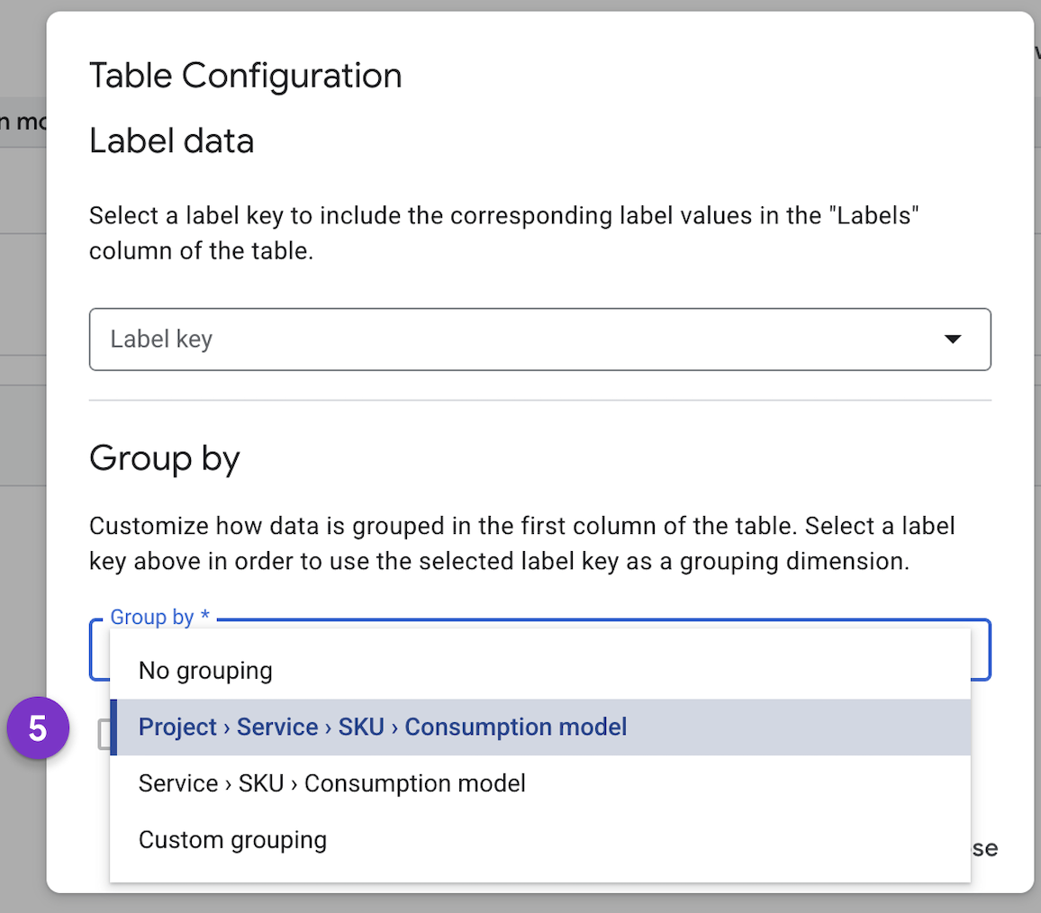 Screenshot of the table configuration settings in the cost
 table report.