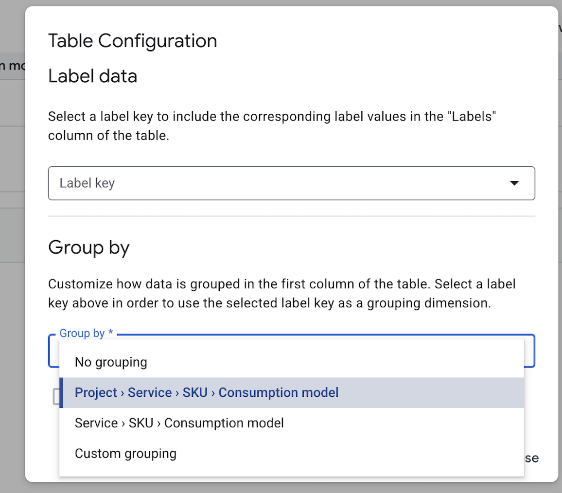 Table configuration settings in the cost
 table report.