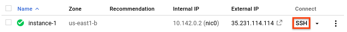 執行個體名稱旁邊的 SSH 按鈕。