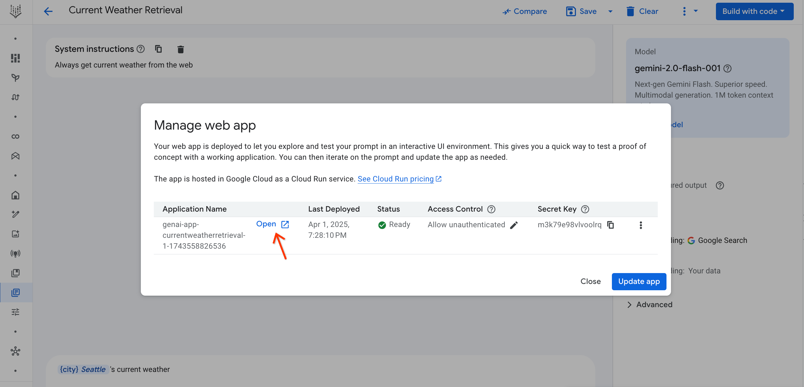 El botón para abrir la app aparece junto al nombre de la app