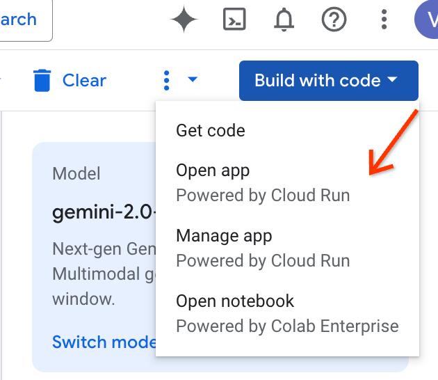 App über das Menü des Buttons „Mit Code erstellen“ öffnen