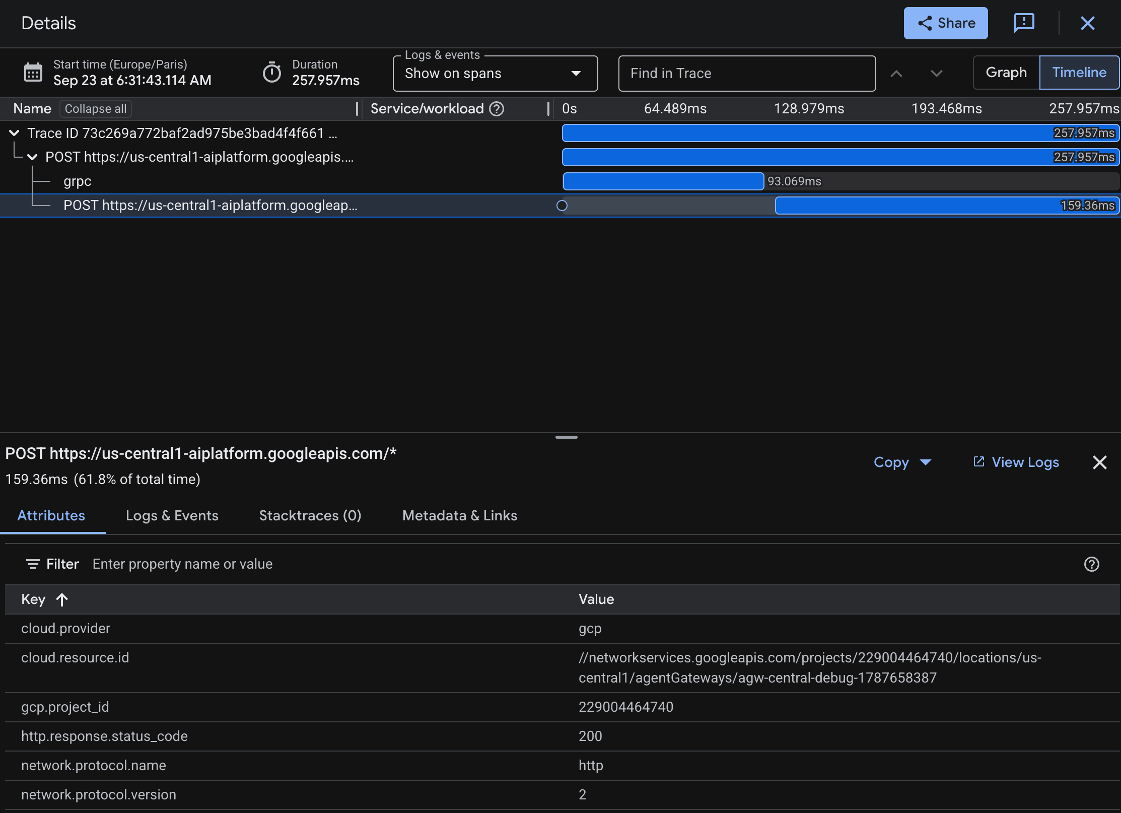 Vue chronologique dans Cloud Trace