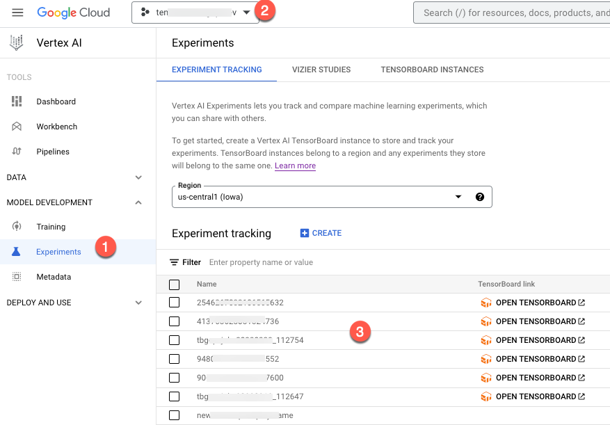Lista de experimentos da Agent Platform