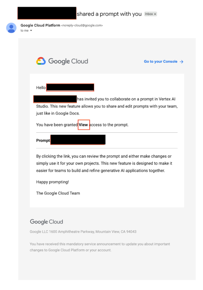 Email di condivisione del prompt