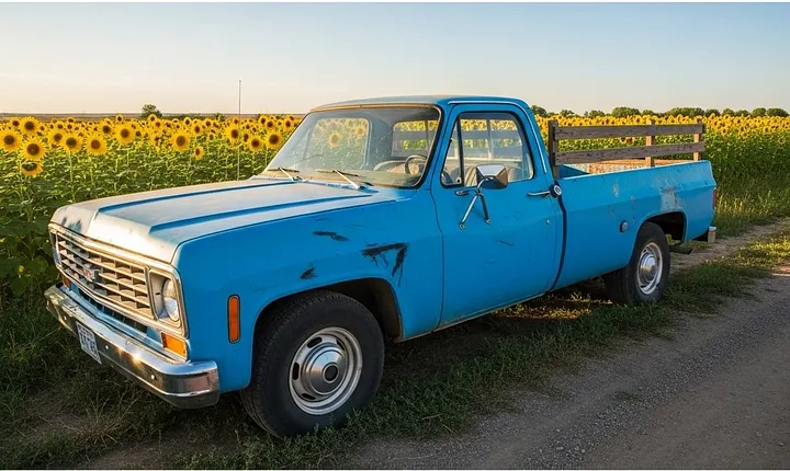 Uma caminhonete azul velha e um pouco desgastada em frente a um campo de girassóis