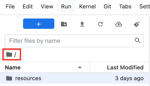 Der JupyterLab-Dateibrowser in der Gemini Enterprise Agent Platform Workbench, in dem der Stammordner hervorgehoben ist, in den ein GitHub-Repository geklont werden kann.