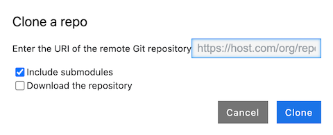 Caixa de diálogo mostrando o campo para o URL do repositório e opções para submódulos e download do repositório.