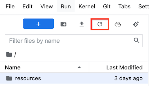 El navegador de archivos de JupyterLab en Gemini Enterprise Agent Platform Workbench, con el botón Actualizar lista de archivos destacado.