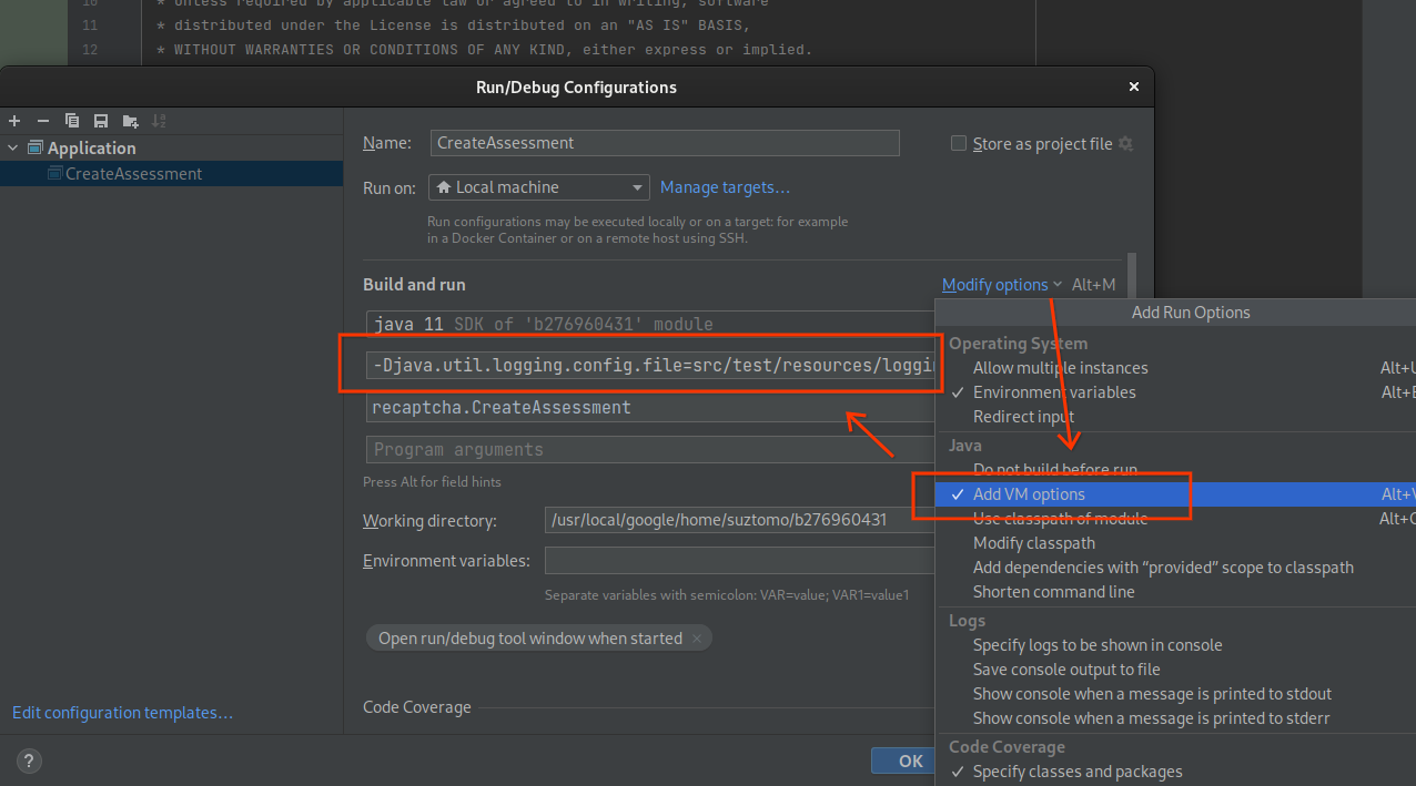 Configuración de ejecución/depuración de IntelliJ que muestra dónde especificar los argumentos de la VM