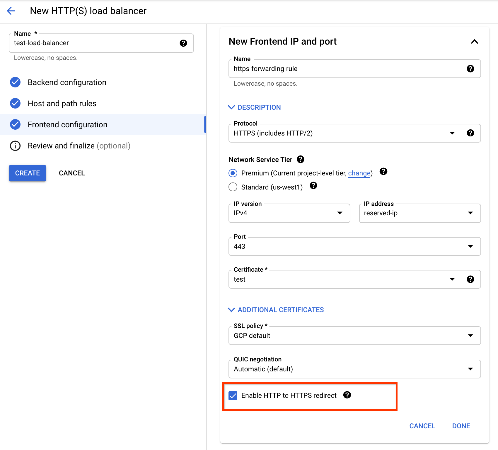 Casilla de verificación de redireccionamiento de HTTP a HTTPS en la consola de Google Cloud.