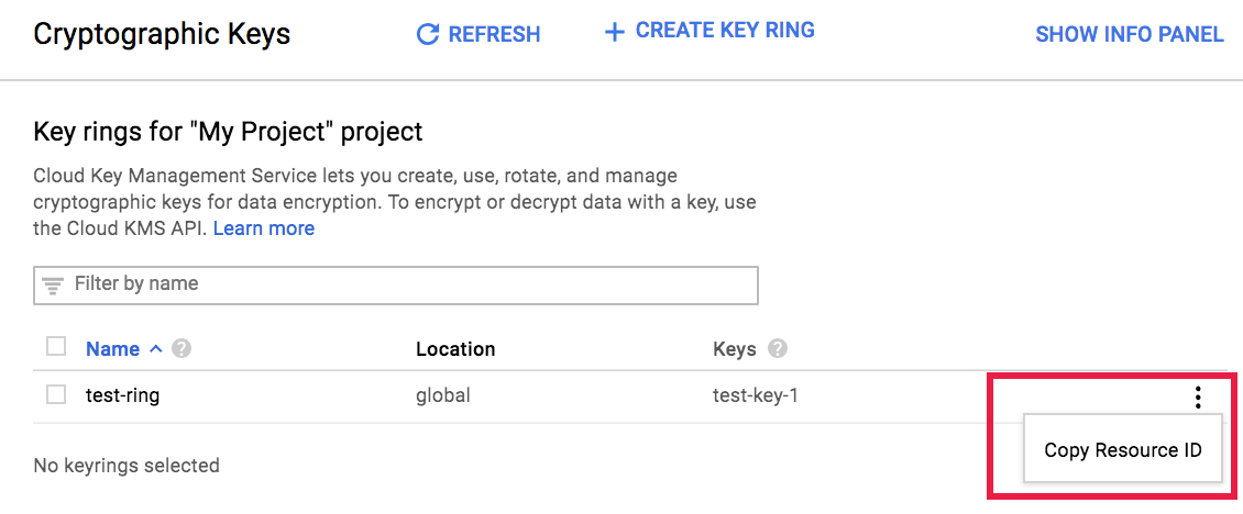Screenshot che mostra come copiare l'ID risorsa chiave dalla pagina Chiavi crittografiche.