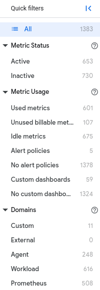 Utilisez le volet &quot;Filtre&quot; pour sélectionner des métriques en fonction des caractéristiques filtrables.