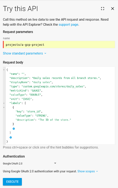 「Try this API」對話方塊會填入要求主體，用於建立指標描述元。
