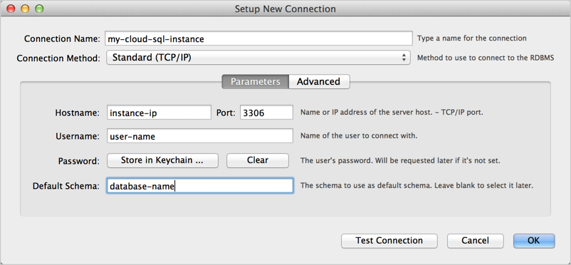 ההגדרה של חיבור חדש, פרמטרים ב-MySQL Workbench.